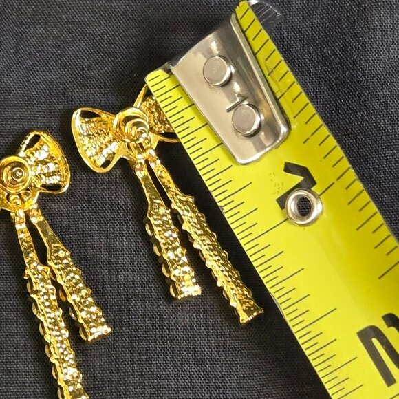 Gold Tone Rhinestone Bow Drop Earrings Sparkling Crystal Dangle Statement Glam - Picture 5 of 7